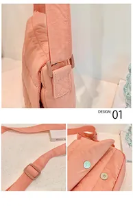 Detailed views of pink quilted bag features including strap buckles and magnetic closure