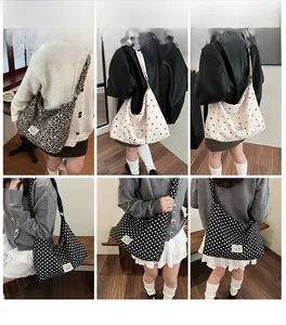 Collage of leopard print and polka dot canvas tote bags shown on models for daily use