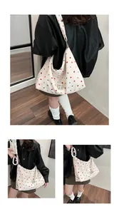 Three-view collage of casual canvas shoulder bag with colorful polka dot patterns