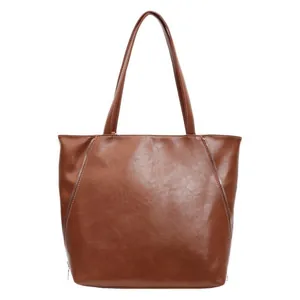 Large brown vintage faux leather tote bag with silver side zippers on white background