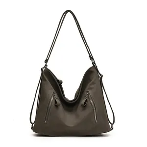 Grand sac cabas vintage marron foncé avec fermetures éclair et fines bretelles doubles