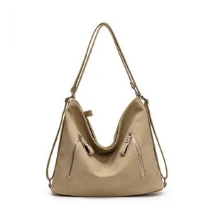 Grand sac cabas rétro kaki en cuir mat souple avec deux fermetures éclair argentées