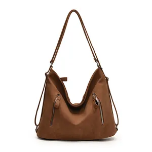 Sac fourre-tout vintage en daim marron avec double fermeture éclair et grande capacité