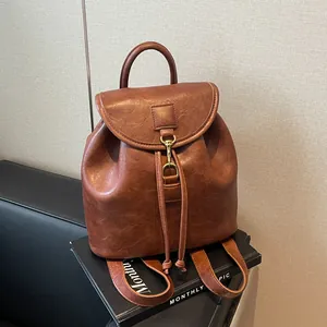 Vintage PU Leather Drawstring Backpack For Women Korean Style Niche Design Large Capacity Flip Cover Schoolbag Travel Bag