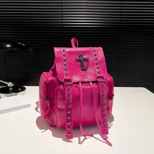 Gothic Cross Rivet PU Leather Backpack For Women Large Capacity Punk Style Drawstring Travel School Bag