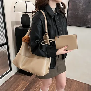 Chic khaki faux leather tote bag and pouch set with teddy bear charm for women
