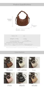 Detailed size chart showing 22x17x6cm dimensions for the pleated crescent handbag
