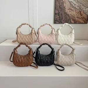 Fashionable pleated crescent handbags in six colors with detachable straps for women