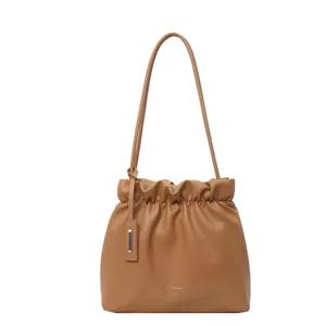 French design pleated bucket bag in brown PU leather with metal charm decoration