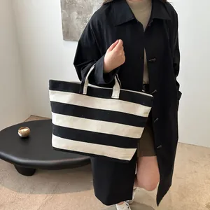 Minimalist black and white striped large canvas tote bag for women daily commuting