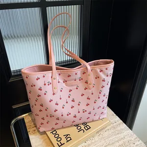 Borsa Tote in Pelle PU da Donna con Stampa a Ciliegie Fiori e Fiocchi Grande Capacità Borsa a Spalla Casual Quotidiana Borsa Sottobraccio Trendy
