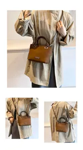 Drei Ansichten der braunen Bucket-Bag in Vintage-Optik am Model: vorne, seitlich und hinten