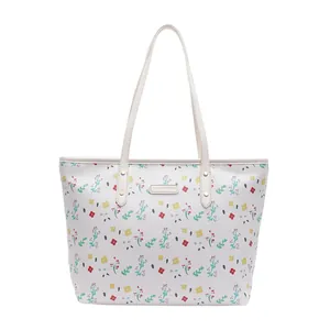Borsa tote in pelle PU con stampa floreale e tracolla bianca per il pendolarismo quotidiano