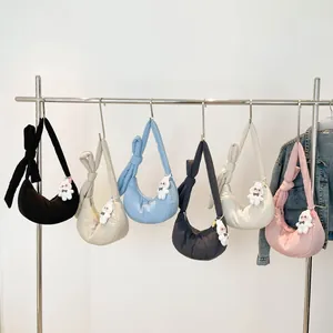 Quilted cloud moon bag in six colors with adjustable straps and plush bunny charm