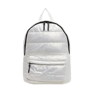 Silver white puffer backpack with quilted design and large capacity for women