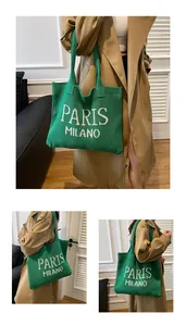 Textura macro del bolso tote de punto verde con letras blancas de Paris Milano