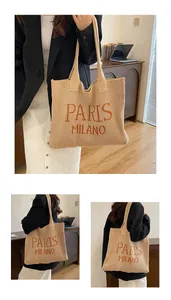 Detalle macro del bolso tote de punto beige con letras PARIS MILANO y la textura de la tela