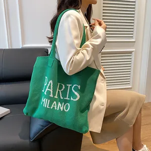 Bolso tote de punto verde con texto Paris Milano, bolso de hombro retro de gran capacidad