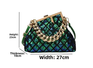 Sac à main à paillettes 27x23x10cm avec chaîne dorée et bandoulière en cuir vert