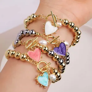 18K Gold Plated Copper Freshwater Pearl Bracelet For Women Enamel Heart Pendant Metal Bead Chain OT Clasp ins Style Fashion Jewelry Gift