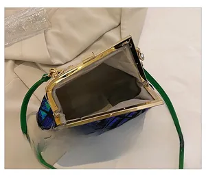 Détails du sac à paillettes avec cadre en métal doré et doublure en tissu rayé