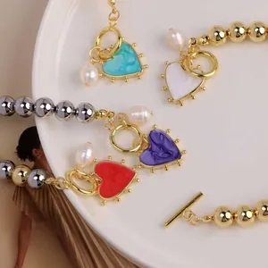 18K gold-plated OT clasp bracelet with freshwater pearls and colorful heart charms