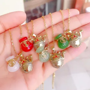 18K Verguld Koper Gelukskat Gelukszak Hanger Ketting Met Zirkonia Vintage Nieuwe Chinese Stijl Sieraden Cadeau Voor Vrouwen