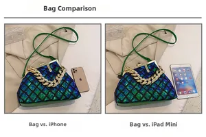 Comparaison de taille du sac à main à paillettes avec iPad mini et iPhone avec texture