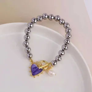 18K gold plated OT clasp bracelet with purple heart charm and freshwater pearl