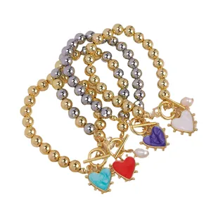 18K gold plated OT clasp freshwater pearl bracelets set with colorful heart charms