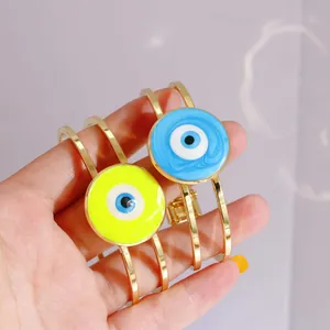 18K Vergoldeter Kupfer Böser Blick Armreif Für Damen Türkisches Amulett Emaille Doppellinie Feder Offenes Armband Jubiläum Weihnachten Schmuck