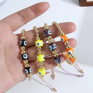 Adjustable 18K gold-plated beaded Evil Eye bracelets in black, yellow, purple and orange colors