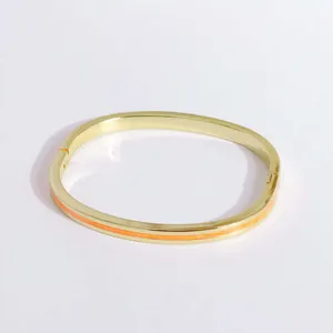 Detail of 18K gold-plated hinged bangle featuring a polished orange enamel inlay