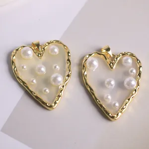 18K gold plated heart charms with faux pearls and milky inlay for jewelry making