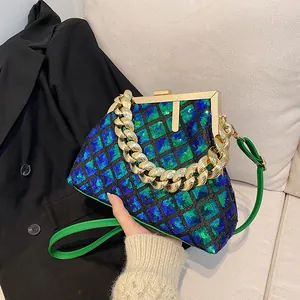 Sac à Main Femme à Paillettes Treillis en Diamant Avec Chaîne Dorée Sac en Bandoulière Vintage Sac à Épaule en Cuir PU
