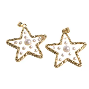 Star-shaped 18K gold plated charms with inlaid pearls for DIY jewelry making