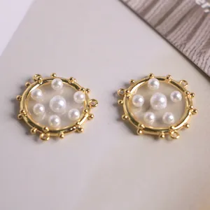 18K gold-plated round pendant charms with white faux pearls for jewelry DIY projects