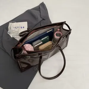 Large capacity dark brown oil wax leather tote bag with office essentials and inner liner