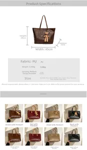Detailed view of large tote bag dimensions and textured PU leather color variations