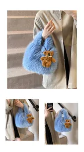 Detail view of a light blue plush faux fur tote bag featuring a cute brown teddy bear charm