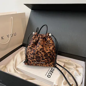 Leopard Print Suede Drawstring Bucket Crossbody Bag For Women Vintage Urban Style Mini Shoulder Phone Bag Fashion Accessory