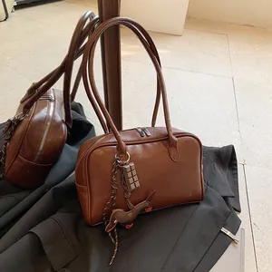 Women Retro PU Leather Bowling Bag Korean Style Solid Color Handbag With Chocolate Dog Charms Shoulder Bag For Daily Use