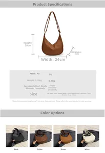 Tableau des tailles détaillé pour le sac demi-lune en cuir PU avec dimensions et bandoulière