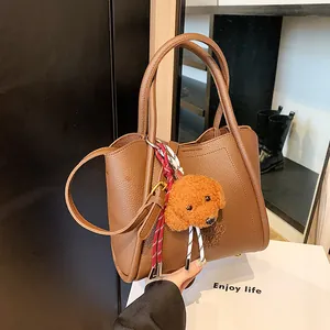 Retro Lychee Pattern PU Leather Bucket Bag For Women Fashion Tote Bag With Plush Dog Pendant Adjustable Crossbody Handbag