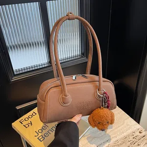 Vintage PU Leather Underarm Shoulder Bag For Women Retro Pillow Bag With Plush Dog Charm Contrast Stitching Commute Handbag