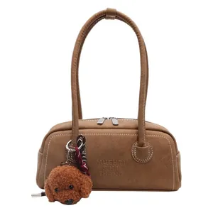 Brown litchi grain leather shoulder bag with letter embossing and teddy bear charm