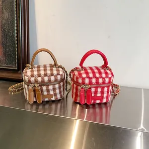 Chic 2024 winter plaid mini vanity bags in brown and red tweed with gold chain straps