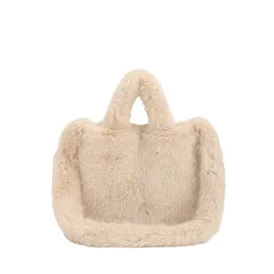 Fuzzy apricot plush tote bag with soft faux fur texture and seamless top handle