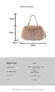 Detailed size chart for the plush faux fur handbag with strap dimensions and measurements