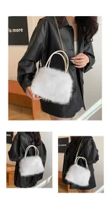 Detail of white faux fox fur handbag featuring pearl shoulder strap and gold chain